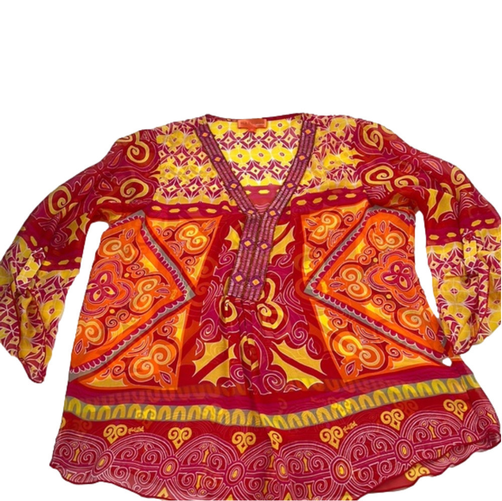 Hale Bob Cabana silk beaded v-neck  colourful print blouse 100% silk